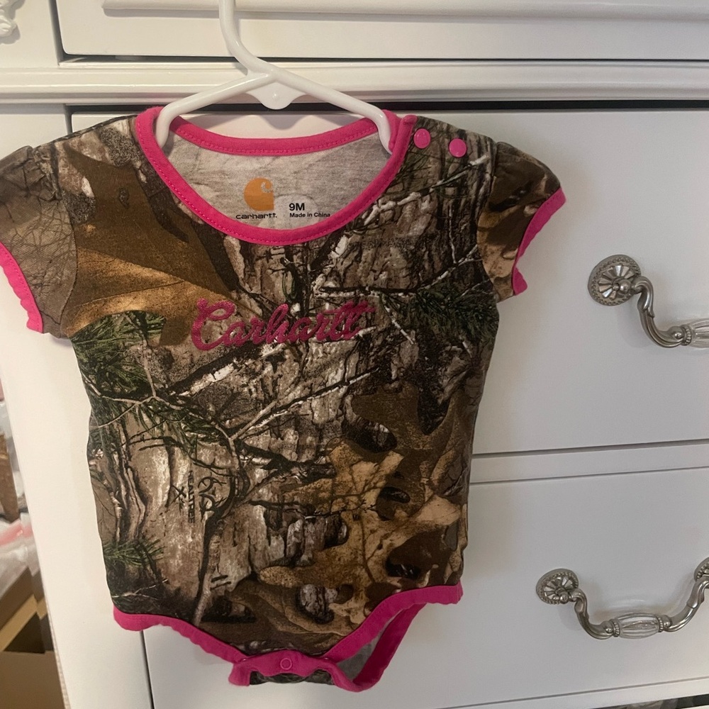 Super cute and comfy!! Carhartt baby girl Camo Onesie with Pink Accents